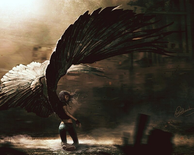 Woman with Large Wings — Brown, Dramatic, Sunset, Digital Art, Dust