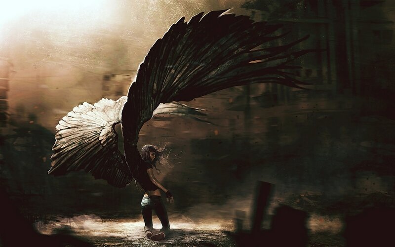 Woman with Large Wings — Brown, Dramatic, Sunset, Digital Art, Ruins