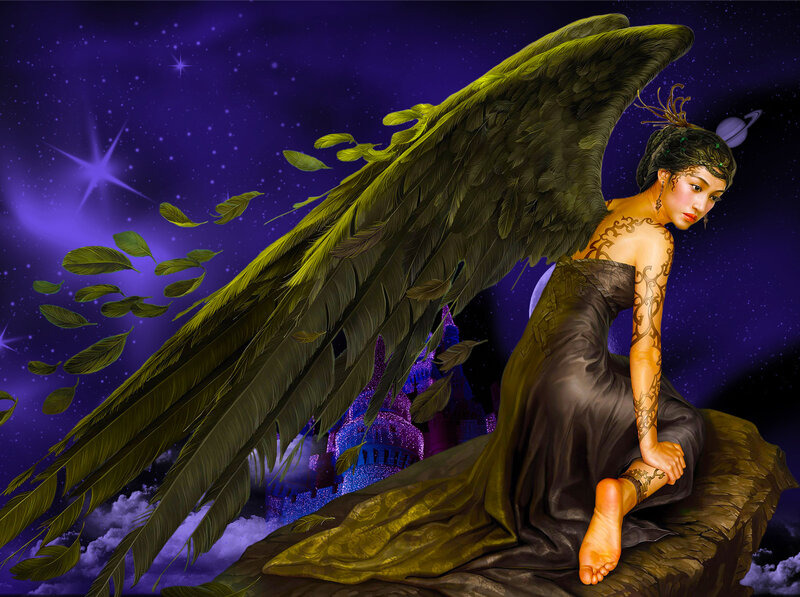 Woman with Large Wings — Purple, Dramatic