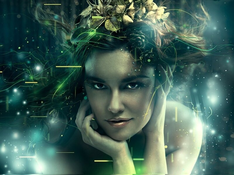 woman with leaf crown and glowing effects
