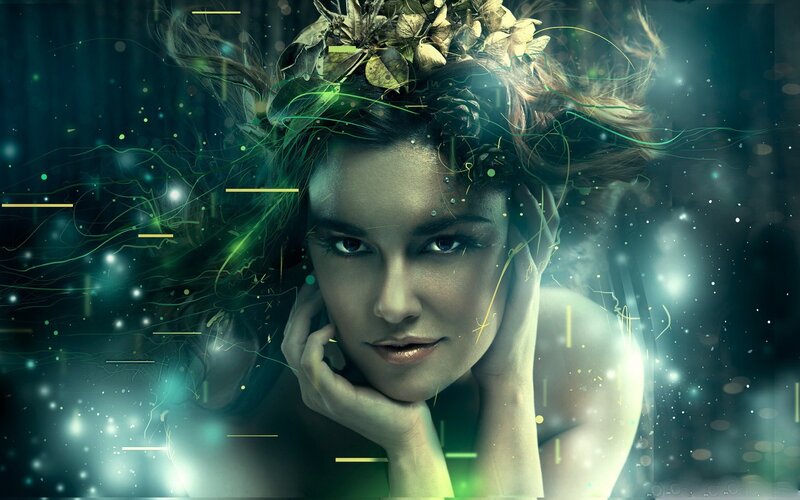 woman with leaf crown and glowing effects