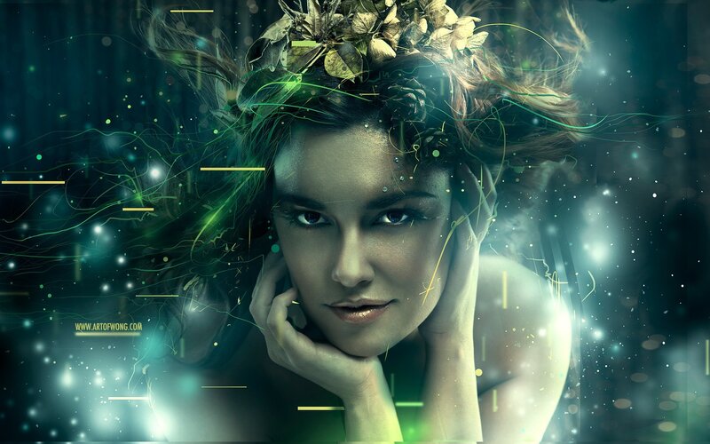 woman with leaf crown and glowing lines