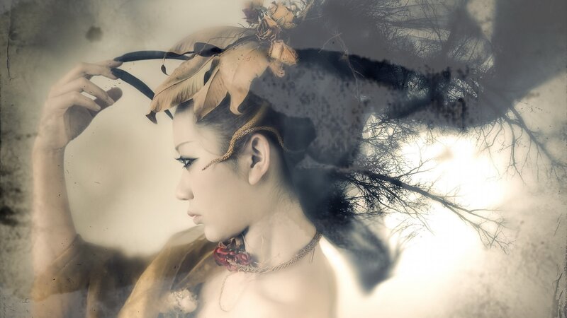 Woman with Leaf Crown — Brown, Dramatic, Photograph, Leaves