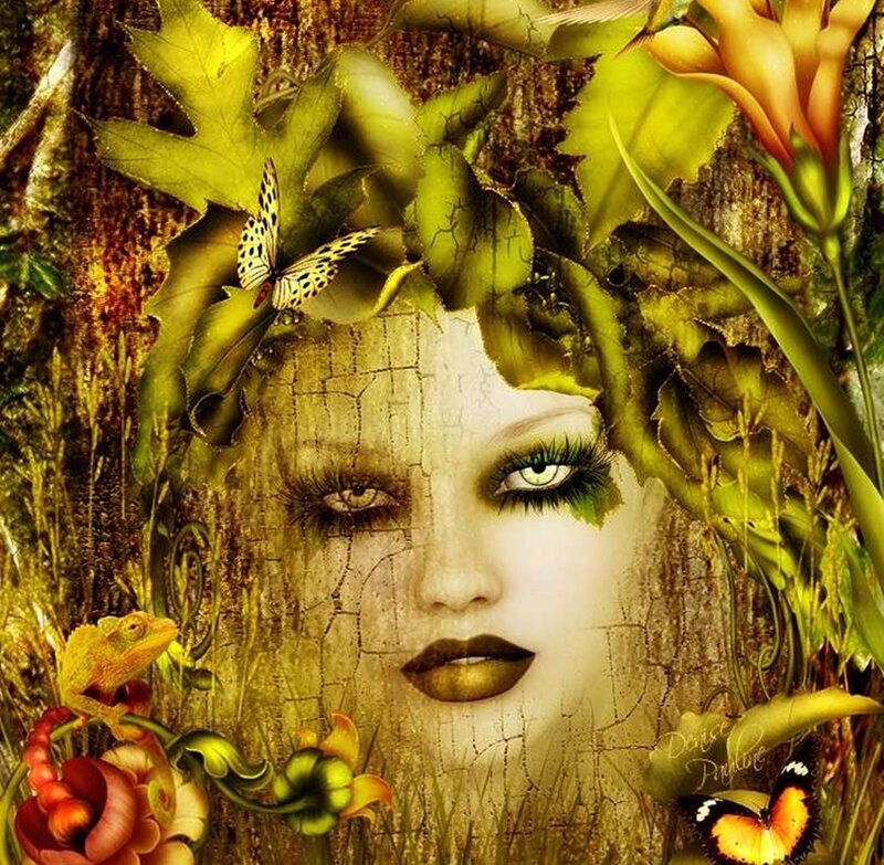 Woman with Leaf Crown — Green, Mystical, Digital Art, Butterfly