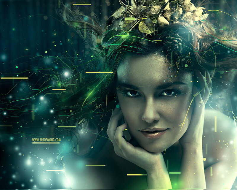 Woman with Leaf Crown — Green, Mystical, Digital Art, Leaves, Glowing Lines