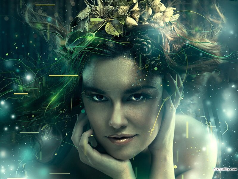 Woman with Leaf Crown — Green, Mystical, Digital Art