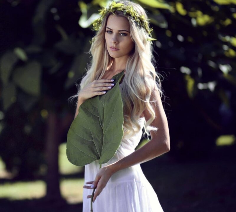 Woman with Leaf Crown — Green, Serene, Afternoon, Photograph