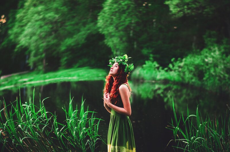Woman with Leaf Crown — Green, Serene, Afternoon