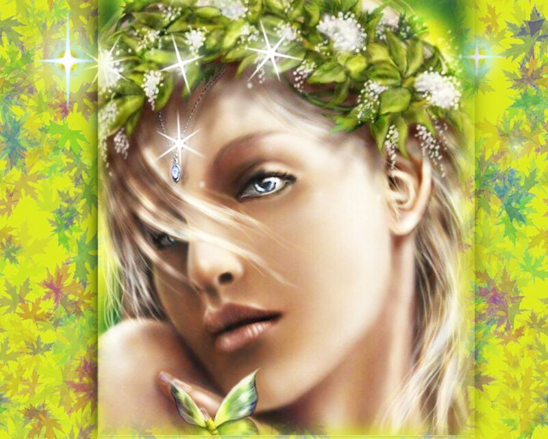 Woman with Leaf Crown — Green, Serene, Autumn
