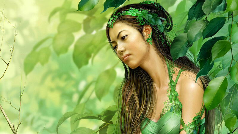 Woman with Leaf Crown — Green, Serene, Digital Art