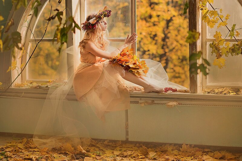Woman with Leaf Crown — Yellow, Serene, Autumn