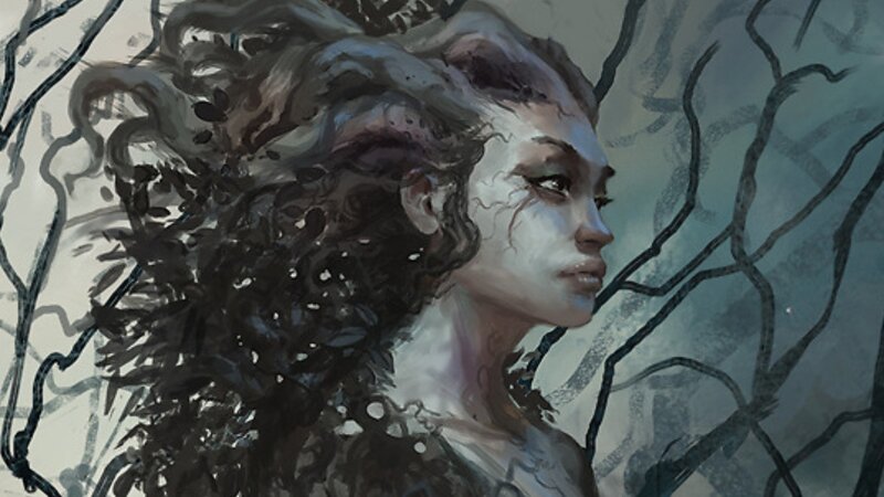 woman with leafy hair in forest