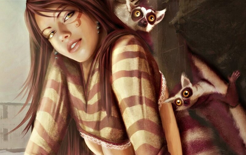 Woman with Lemurs — Brown, Calm, Digital Art