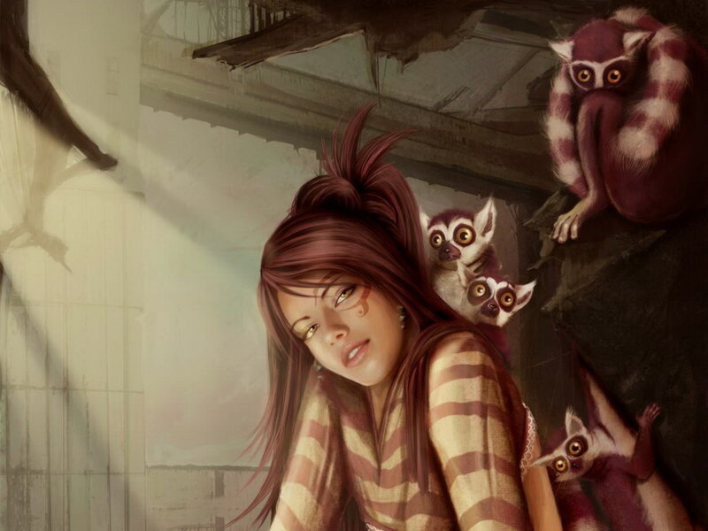 Woman with Lemurs — Brown, Calm