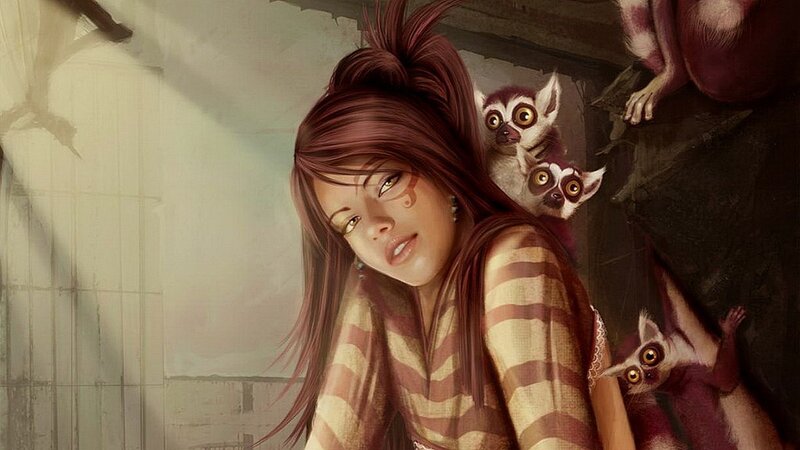 woman with lemurs in room