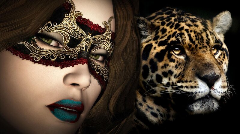 Woman with Leopard — Black, Dramatic, Digital Art, Mask