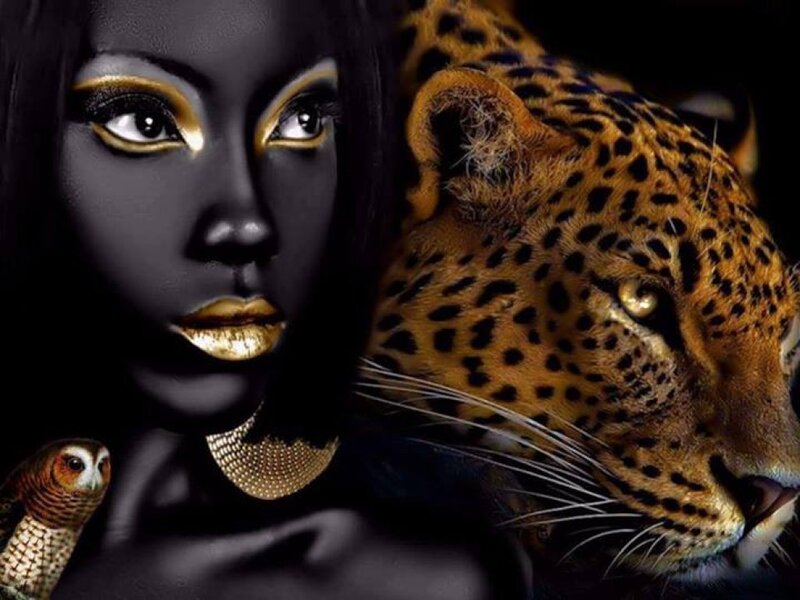 Woman with Leopard — Black, Dramatic, Digital Art, Owl