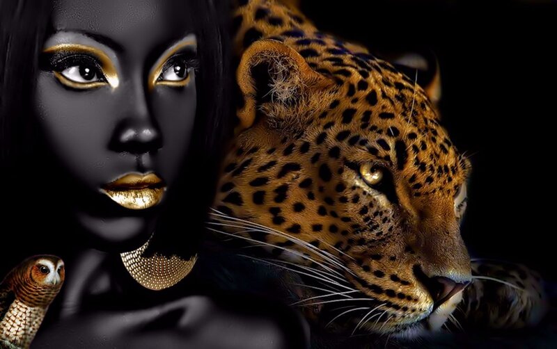 Woman with Leopard — Black, Dramatic, Digital Art