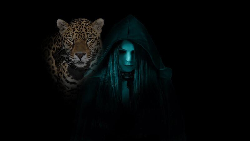 Woman with Leopard — Black, Dramatic, Night