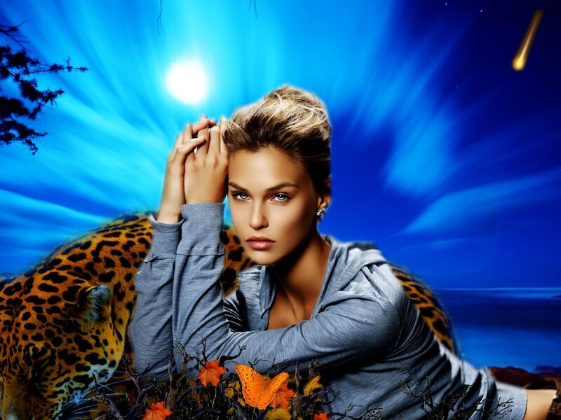 Woman with Leopard — Blue, Dramatic, Night