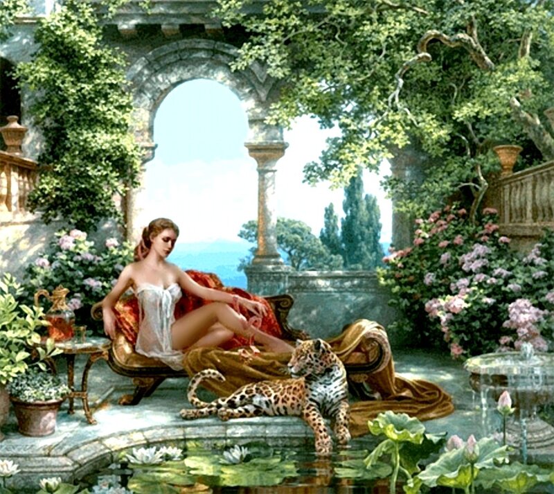Woman with Leopard — Green, Serene