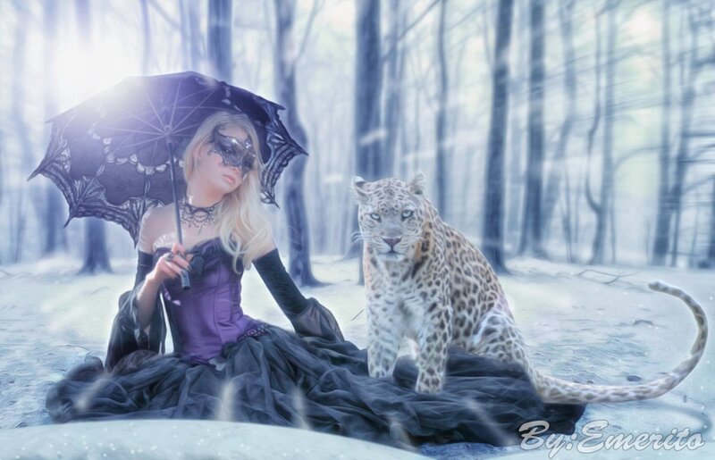 Woman with Leopard in Forest — Black