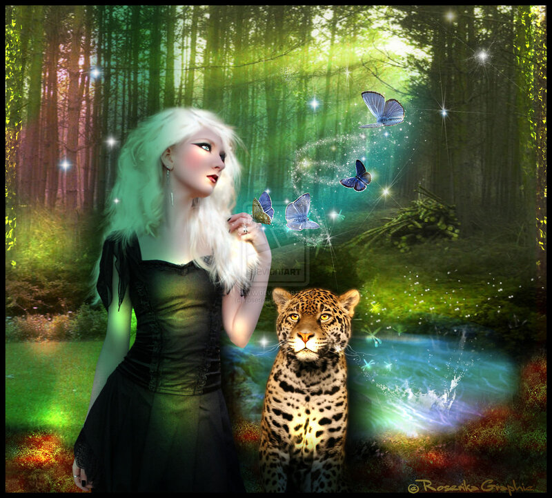 Woman with Leopard in Forest — Green