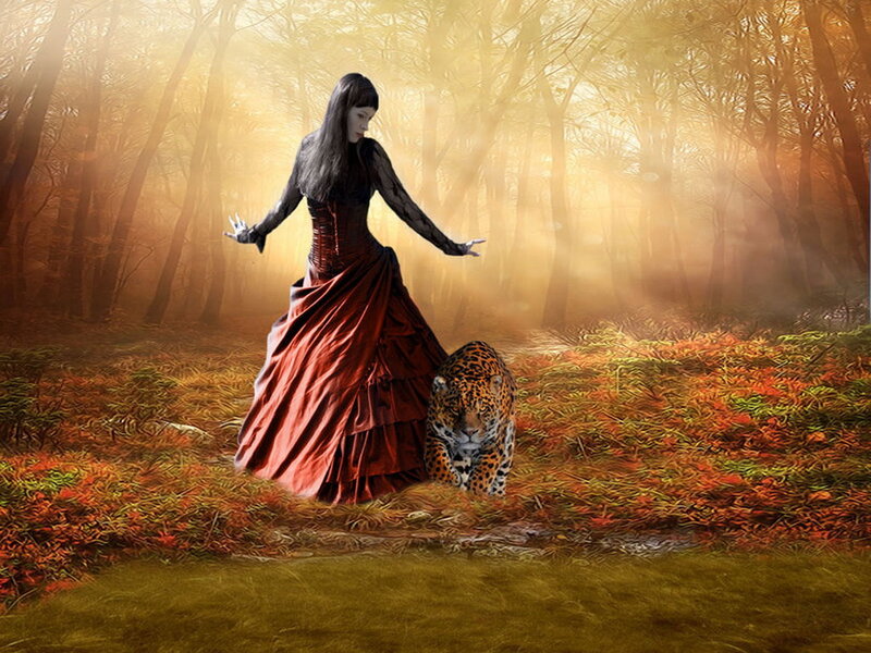 Woman with Leopard in Forest — Red