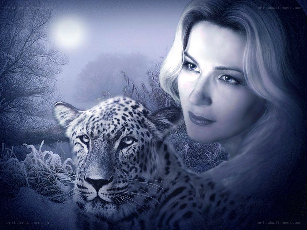 woman with leopard in moonlight
