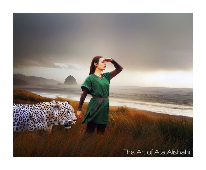 Woman with Leopard on Beach
