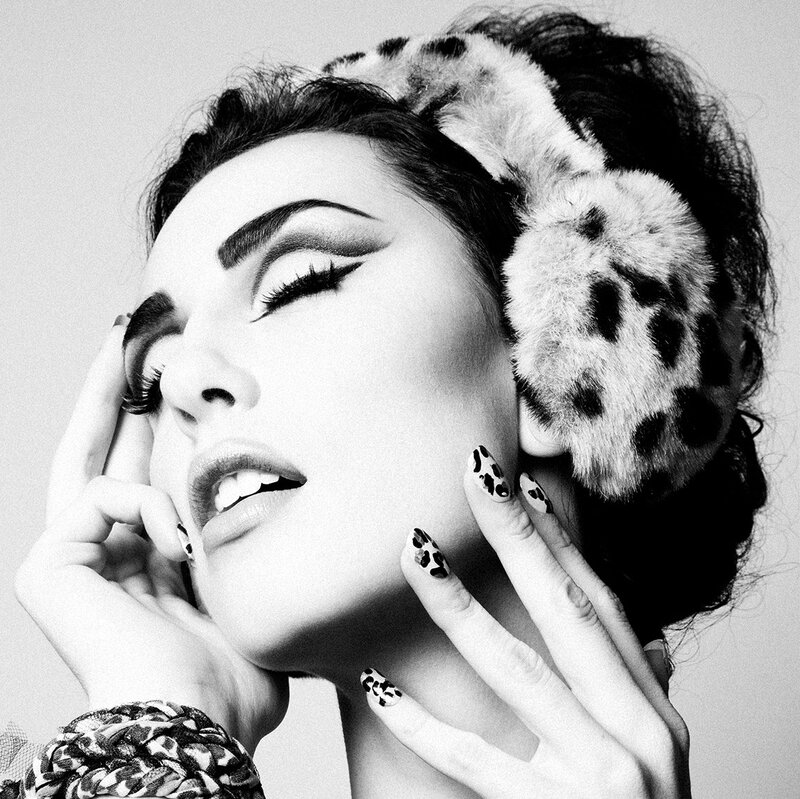 Woman with Leopard Print — Black, Dramatic, Photograph, Earmuffs