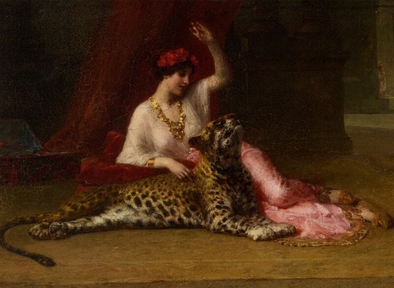 Woman with Leopard — Red, Dramatic, Painting