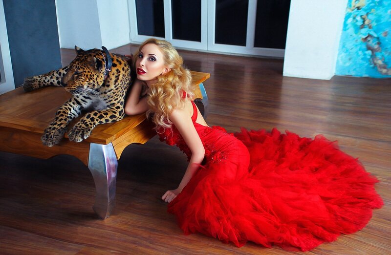 Woman with Leopard — Red, Dramatic, Photograph, Red Dress