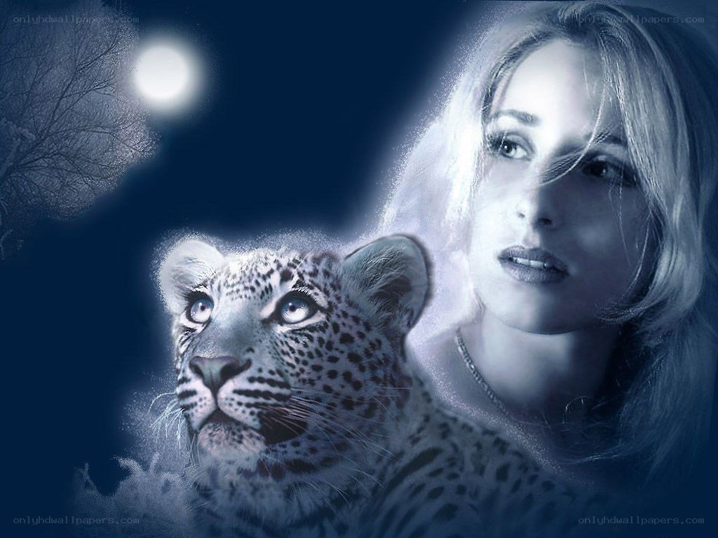 woman with leopard under moonlight