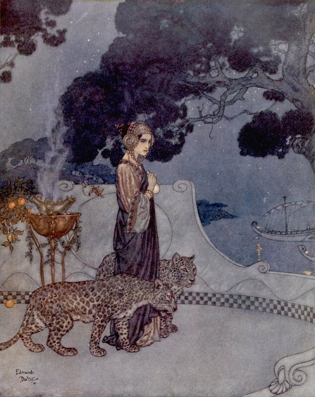 Woman with leopards at night