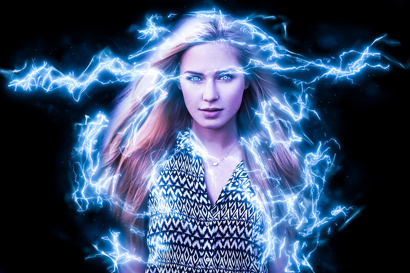 Woman with Lightning — Blue, Dramatic, Digital Art