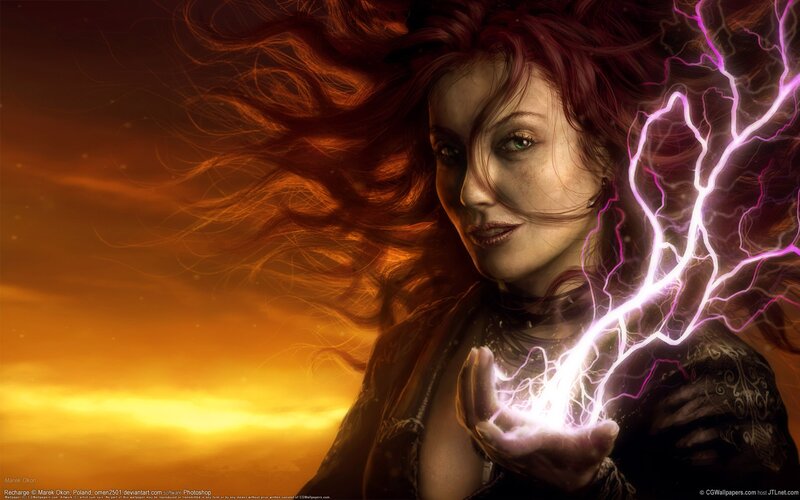 Woman with Lightning — Orange, Dramatic, Sunset