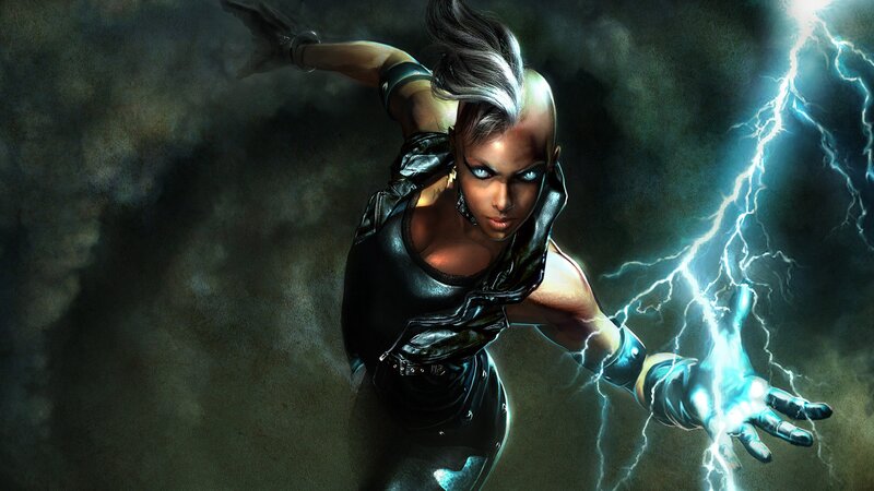 Woman with Lightning Powers — Black, Dramatic, Digital Art, Dark Clouds, Leather Outfit