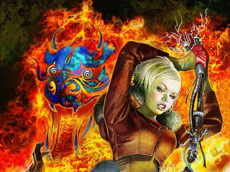 woman with lightning staff in fire