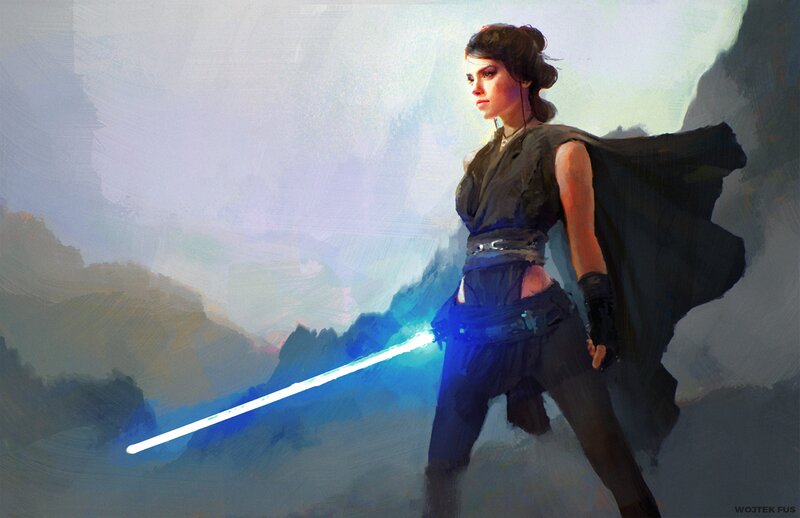Woman with Lightsaber — Blue, Dramatic, Digital Art, Cape