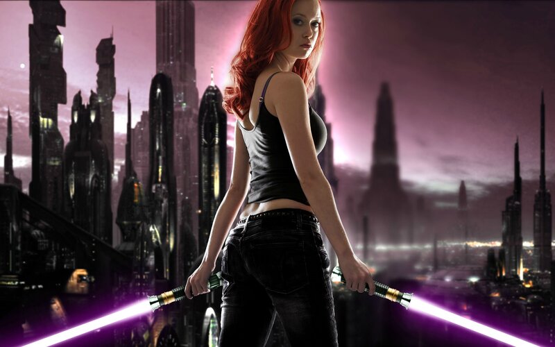 Woman with lightsabers in city