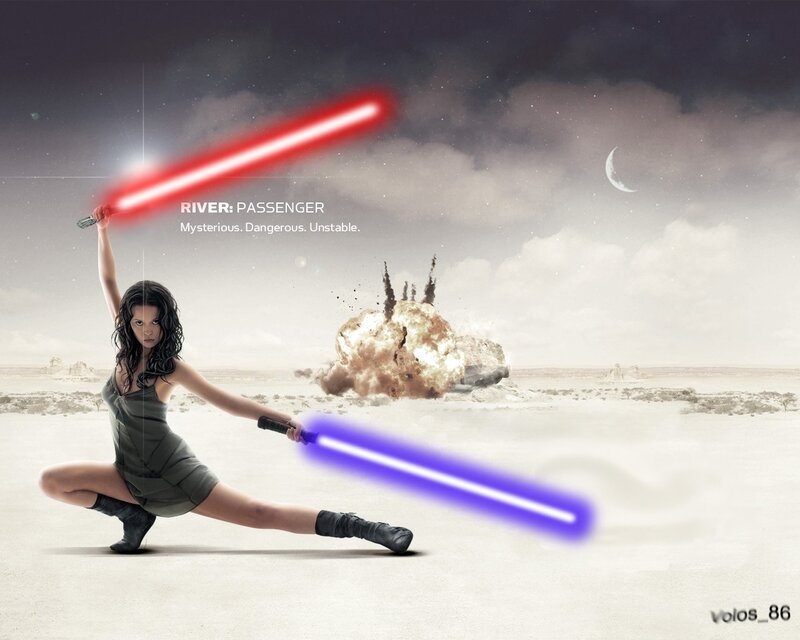 Woman with lightsabers in desert