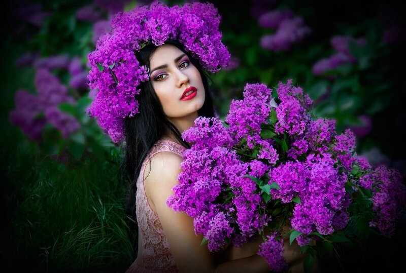 Woman with Lilac Flowers — Purple, Dramatic