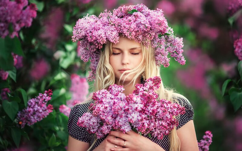 Woman with Lilac Flowers — Purple, Serene, Spring, Photograph, Flower Crown, Bouquet