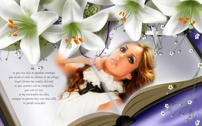 woman with lilies and book