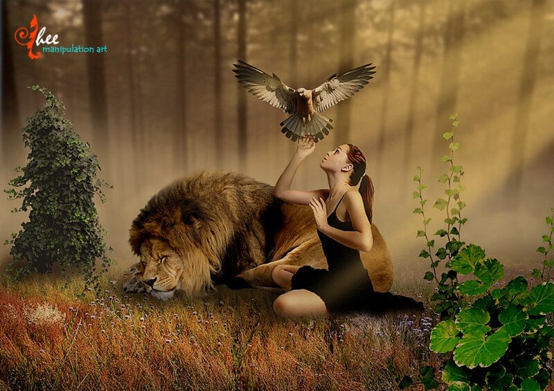 Woman with Lion and Bird