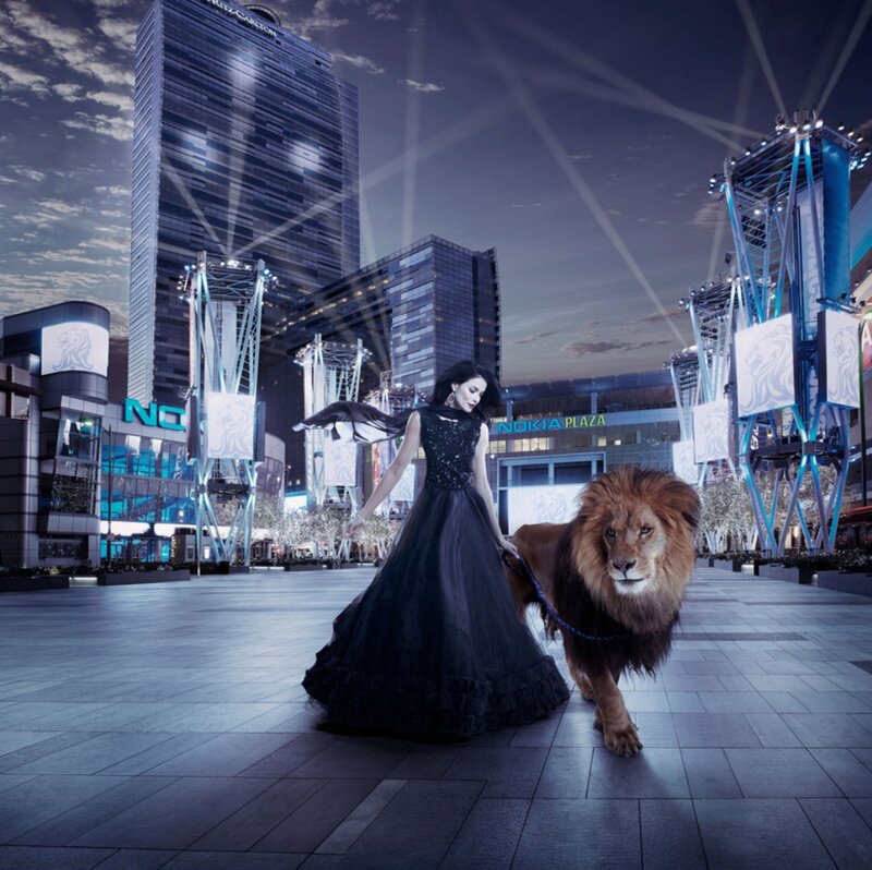 Woman with Lion — Black, Dramatic, Night