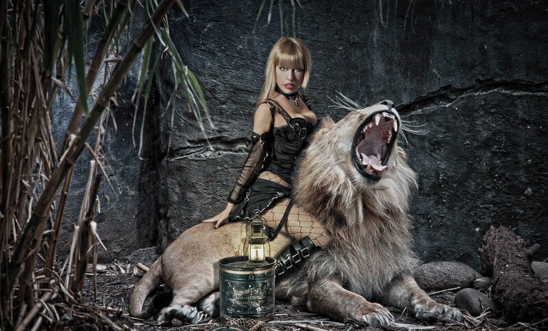 Woman with Lion — Black, Dramatic, Photograph