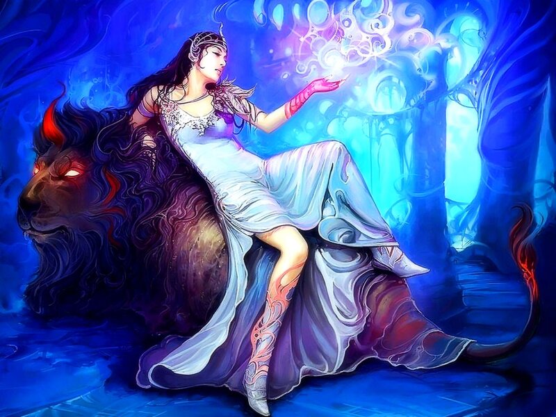 Woman with Lion — Blue, Dramatic, Night
