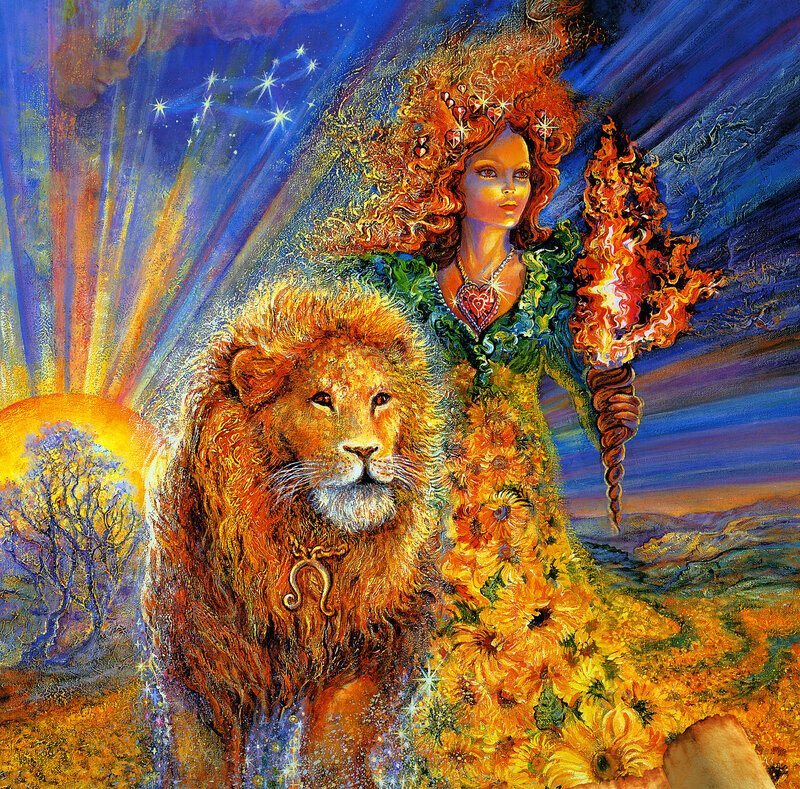 Woman with Lion — Blue, Dramatic, Sunset, Painting